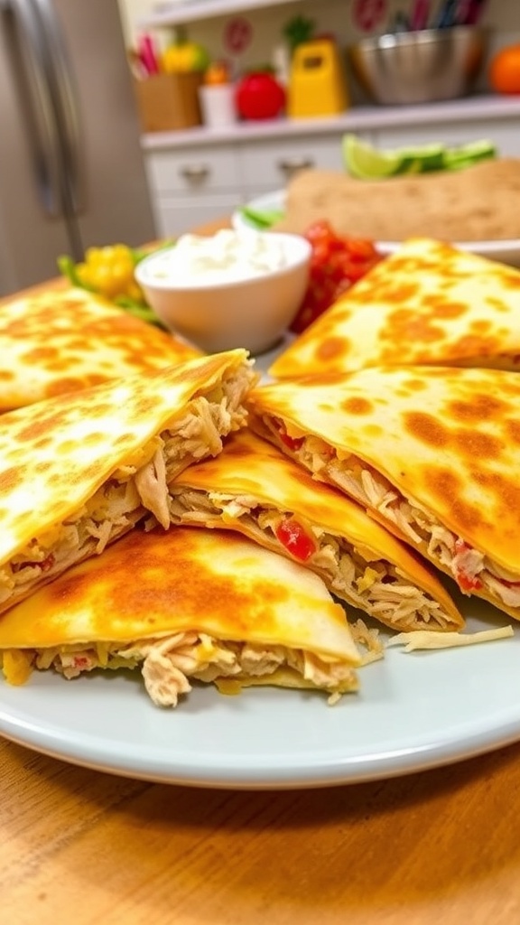 Cheesy chicken quesadillas cut into wedges with sour cream and salsa on a bright kitchen table.